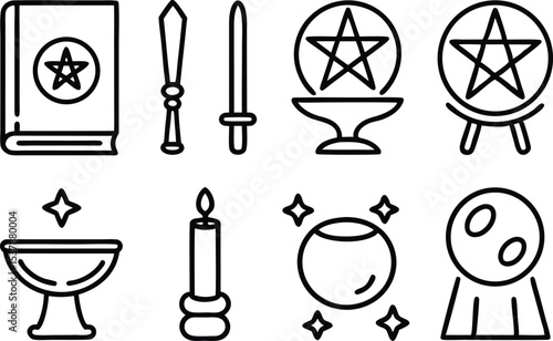 Outline icon set of ritualistic tools isolated on transparent background