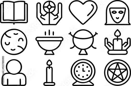 Outline icon set of ritualistic tools isolated on transparent background