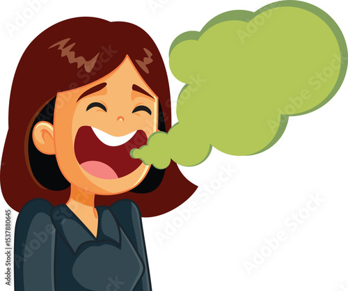 Woman With Open Mouth Suffers from Bad Breath Vector Cartoon. Adult suffering from bad breath health problem due to poor oral hygiene
