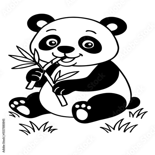 A cute panda happily munches on bamboo, drawn in a simple black-and-white outline, perfect for kids' coloring activities.