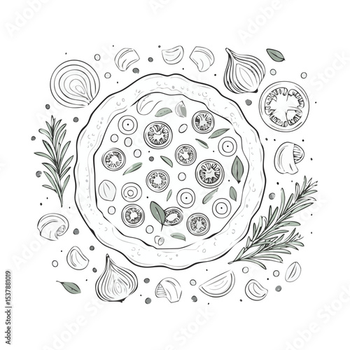 Focaccia line drawing featuring smooth sketch-style strokes in a refined black and white vector design.