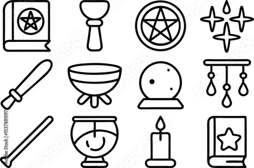 Collection of outline ritual tools icons isolated on transparent background