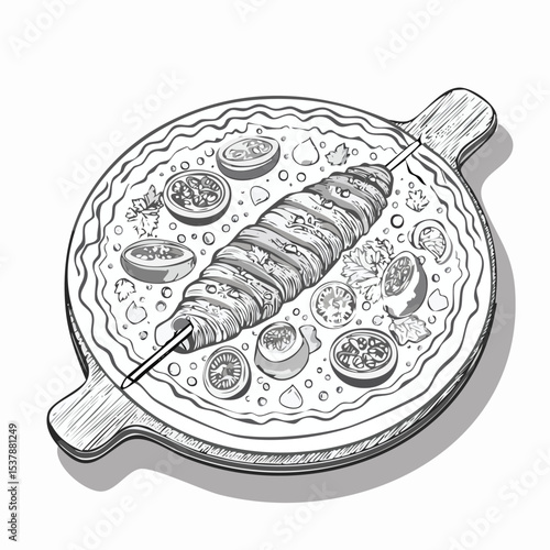 Turkish Pide line drawing featuring smooth sketch-style strokes in a refined black and white vector design.