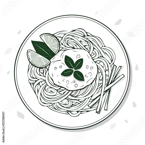 Pad Thai line drawing featuring smooth sketch-style strokes in a refined black and white vector design.