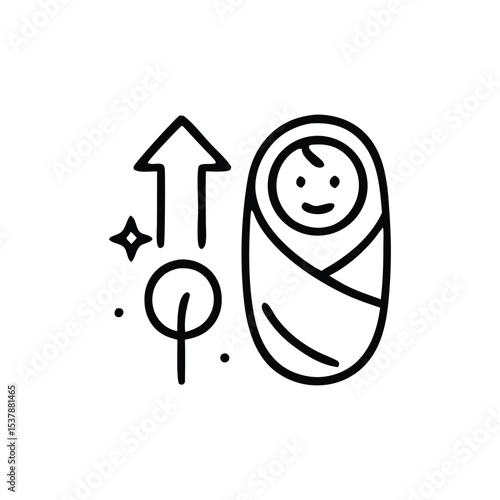 A swaddled baby grows, symbolized by an upward arrow and sparkling growth.