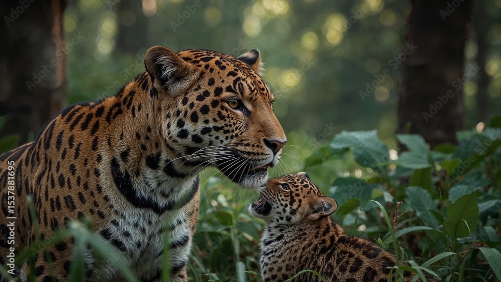 Obraz premium Mother leopard and her cub in a lush forest.