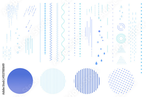 雨をイメージしたシンプルな飾り罫線・ラインのイラストセット（波線、波模様、点線）	