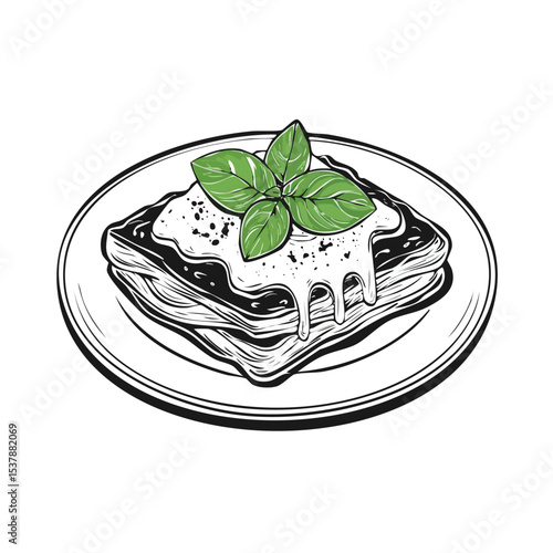 Eggplant Parmesan line drawing featuring smooth sketch-style strokes in a refined black and white vector design.