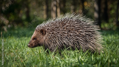 Close-up of a porcupine in a grassy field.
