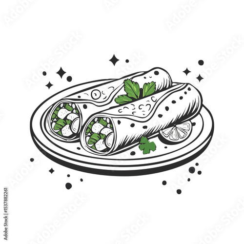 Chicken Enchiladas line drawing featuring smooth sketch-style strokes in a refined black and white vector design.