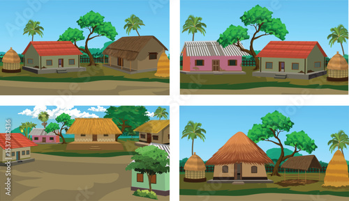 Cartoon Village House Vector Set with Rural Mud Huts, Tiled Roof Homes, Haystacks, Trees, and Fences for Animation Background, Farming Game Scene, Explainer Video or Educational Design

