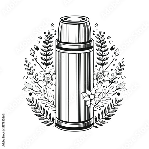 thermos line drawing featuring smooth sketch-style strokes in a refined black and white vector design.