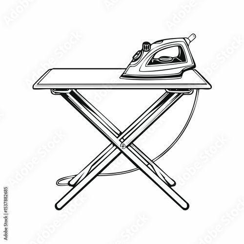 ironing board line drawing featuring smooth sketch-style strokes in a refined black and white vector design.
