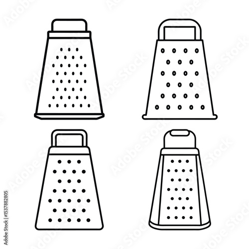 Four minimalist grater illustrations outlined in black on a white kitchen background