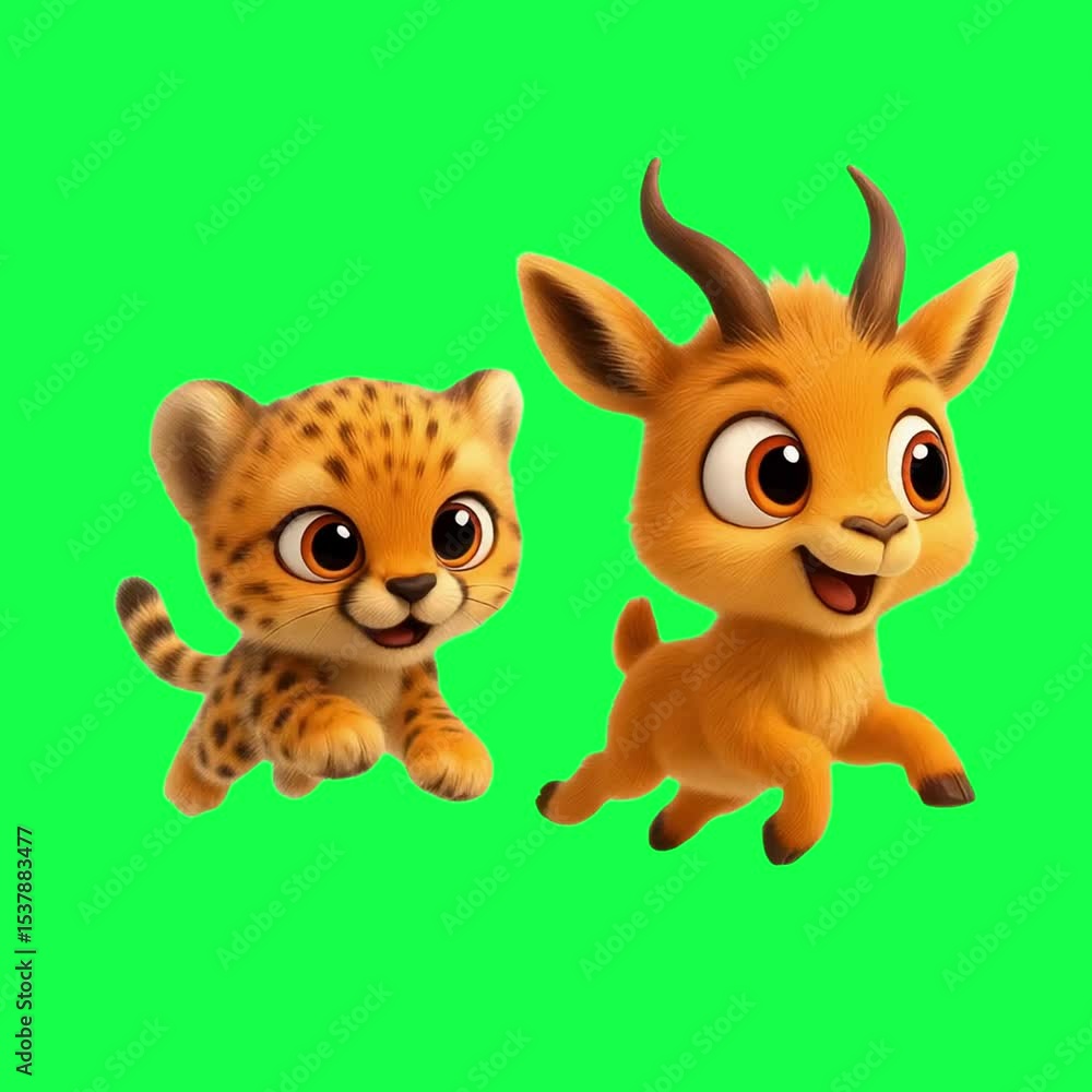 Cute animated animals jumping animation, transparent 4K video, green screen Cute animated animals jumping animation, transparent 4K video, green screen