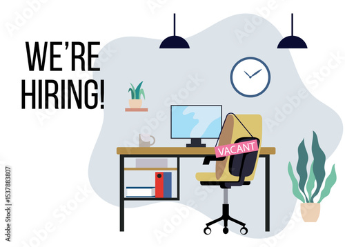 we are hiring banner design job vacancy poster empty office workplace desk chair vacant sign business recruiting creative concept illustration clipart