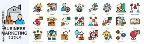 Business Marketing icon set vecvtor Flat Line Style strategy, collateral, niche market, b2c, pricing, crm, demographic, affiliate marketing, public relation, product, engagement