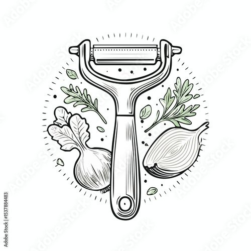Vegetable peeler line drawing featuring smooth sketch-style strokes in a refined black and white vector design.