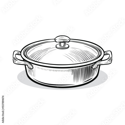 Casserole dish line drawing featuring smooth sketch-style strokes in a refined black and white vector design.