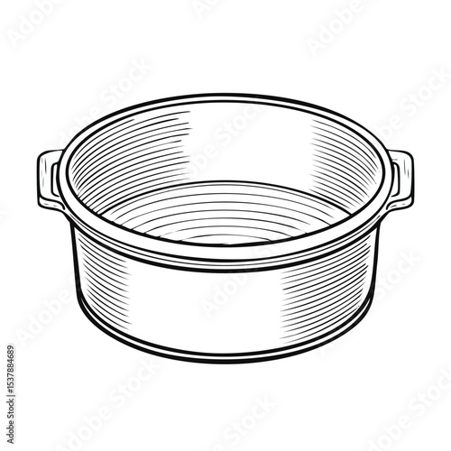 Baking pan line drawing featuring smooth sketch-style strokes in a refined black and white vector design.