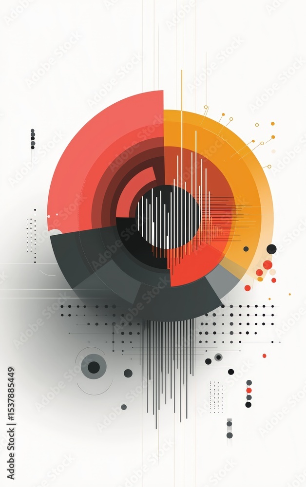 Obraz premium Abstract geometric design featuring concentric circles and lines in red, orange, black, and gray on a white background.