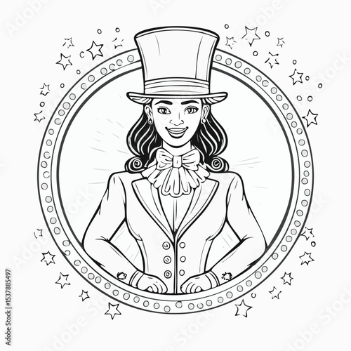 Circus ringmaster line drawing featuring smooth sketch-style strokes in a refined black and white vector design.