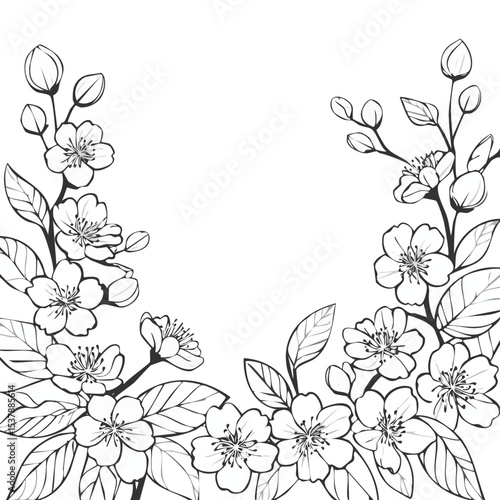 Sakura line drawing featuring smooth sketch-style strokes in a refined black and white vector design.
