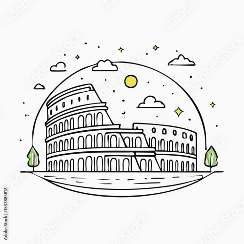 Colosseum, Rome, Italy line drawing featuring smooth sketch-style strokes in a refined black and white vector design.