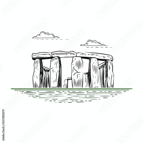 Stonehenge, Wiltshire, England line drawing featuring smooth sketch-style strokes in a refined black and white vector design.