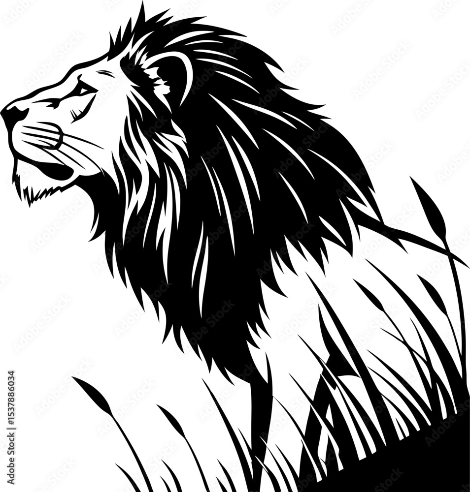 Fototapeta premium Majestic Lion Silhouette in Grassy Plains An Emblem of Strength and Wildlife Beauty in Striking Black and White