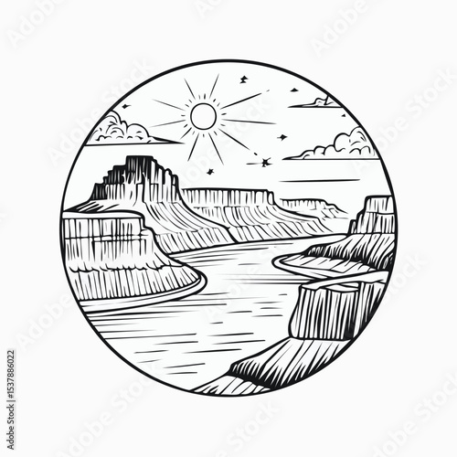 Grand Canyon, Arizona, USA line drawing featuring smooth sketch-style strokes in a refined black and white vector design.