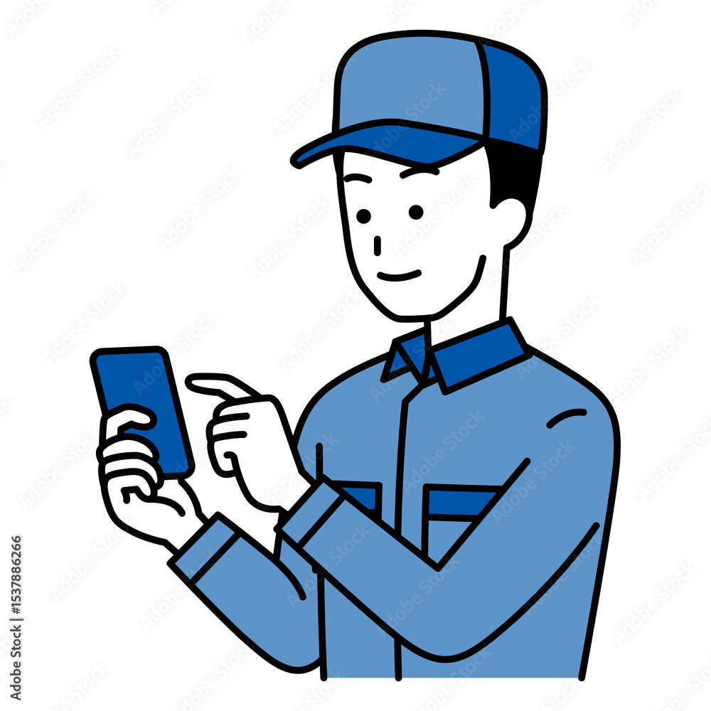 スマートフォンを操作するつなぎ作業服の男性 スマートフォンを操作するつなぎ作業服の男性