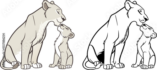 Loving Lioness Affectionately Nuzzling Her Cub Tenderly Seated Side by Side Artistic Rendering Transparent Background