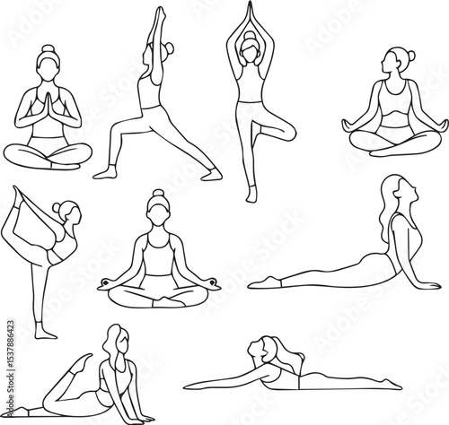 Minimal Line Art of Women Performing Yoga Poses International Yoga Day Illustration