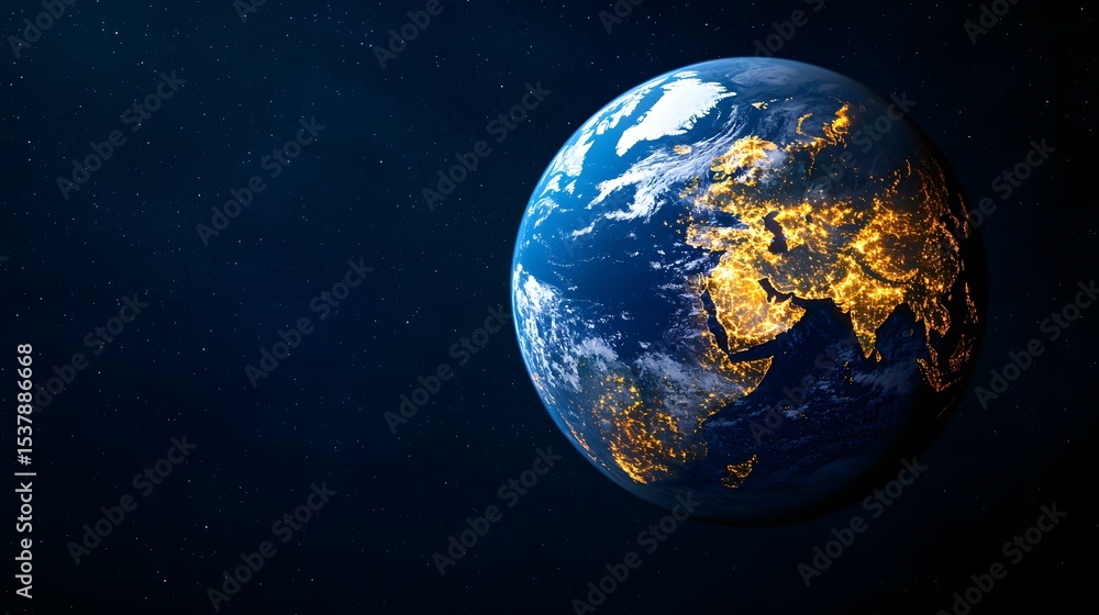 Fototapeta premium The image shows a render of planet Earth in space, with city lights illuminating parts of Eurasia and the Middle East, set against a backdrop of stars.