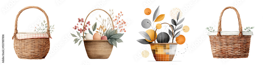 Obraz premium Beautiful floral arrangements displayed in natural wicker baskets creating a warm and cozy autumn themed decor