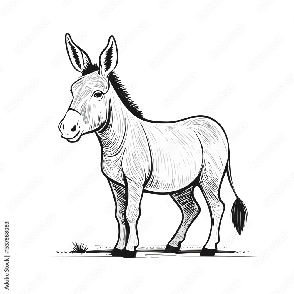 Fototapeta premium Donkey line drawing featuring smooth sketch-style strokes in a refined black and white vector design.