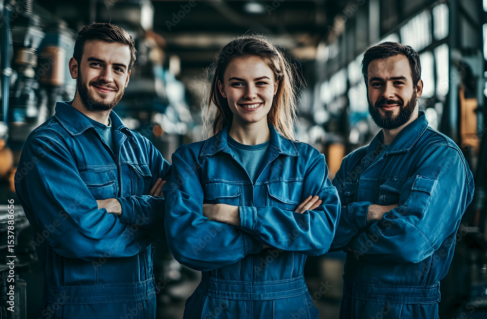 Fototapeta premium Three industrial workers smiling
