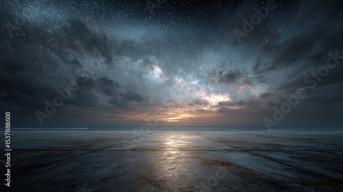 Dramatic nocturnal seascape with shimmering tiled platform under starry sky