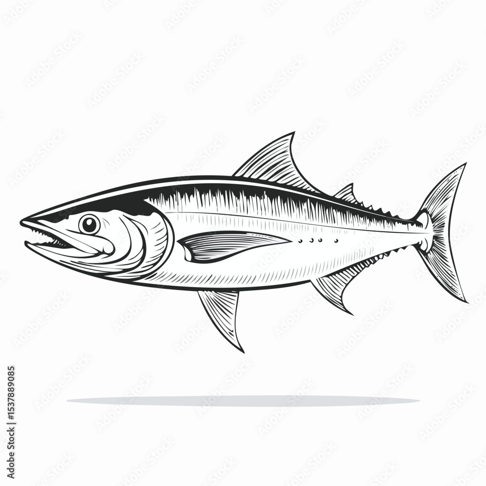 Fototapeta premium Barracuda line drawing featuring smooth sketch-style strokes in a refined black and white vector design.