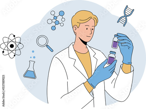 Scientist wearing lab coat and gloves holding test tubes, surrounded by science icons, chemical experiment, biotechnology research and laboratory analysis concept illustration