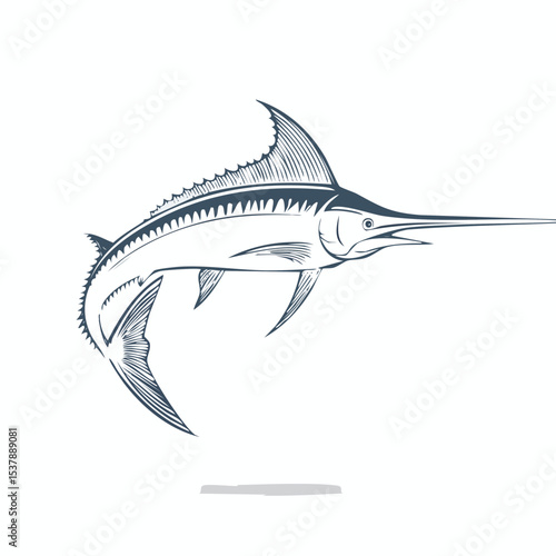 Blue Marlin line drawing featuring smooth sketch-style strokes in a refined black and white vector design.