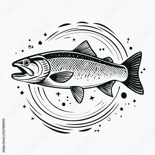 Brown Trout line drawing featuring smooth sketch-style strokes in a refined black and white vector design.