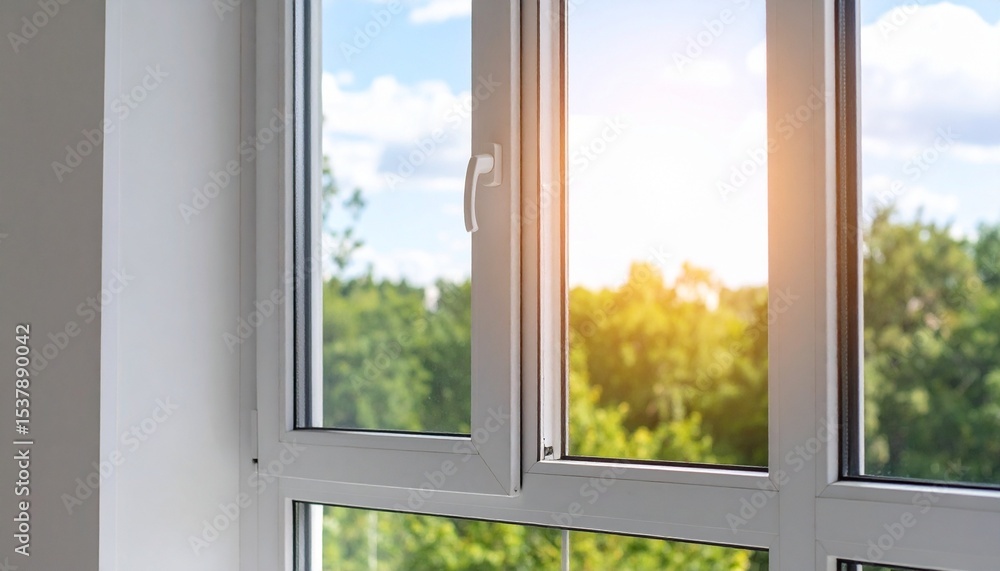 Fototapeta premium Sunlight Streaming Through Modern Window Green Trees View.