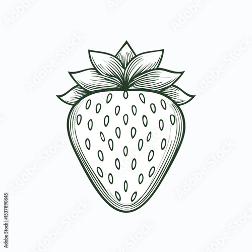 Strawberry line drawing featuring smooth sketch-style strokes in a refined black and white vector design.
