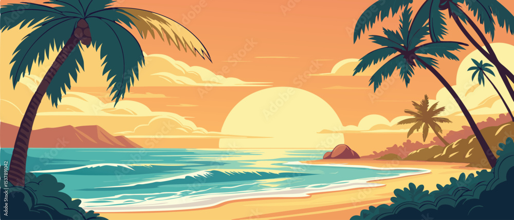 Fototapeta premium Sunset Over Tropical Ocean Beach with Palms