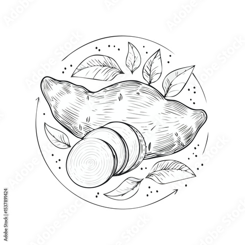 Sweet Potato line drawing featuring smooth sketch-style strokes in a refined black and white vector design.