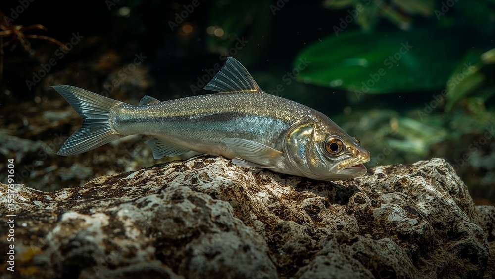 A freshwater fish resting on a rock. A freshwater fish resting on a rock.