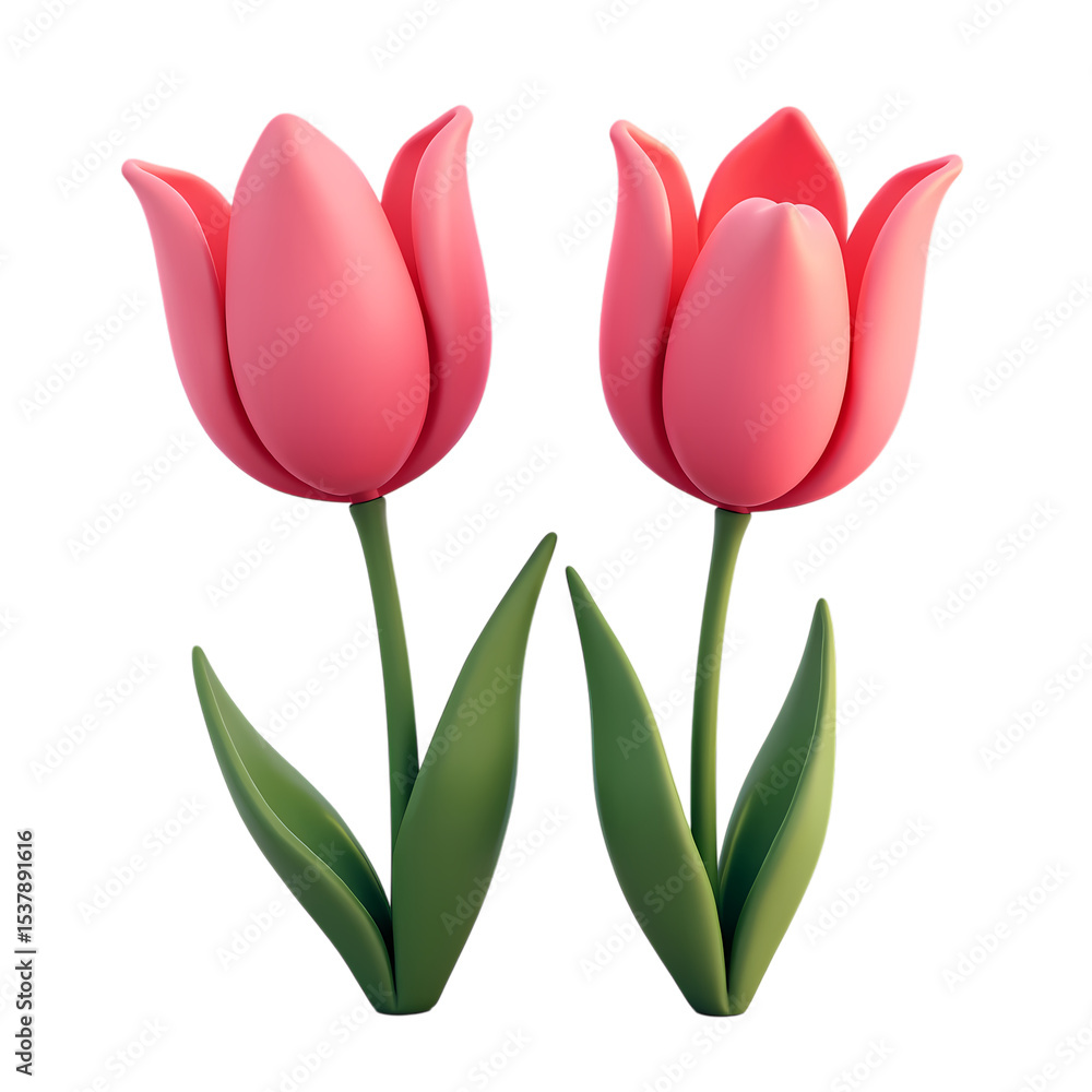 Fototapeta premium Two pink tulips with green stems isolated isolated on transparent background