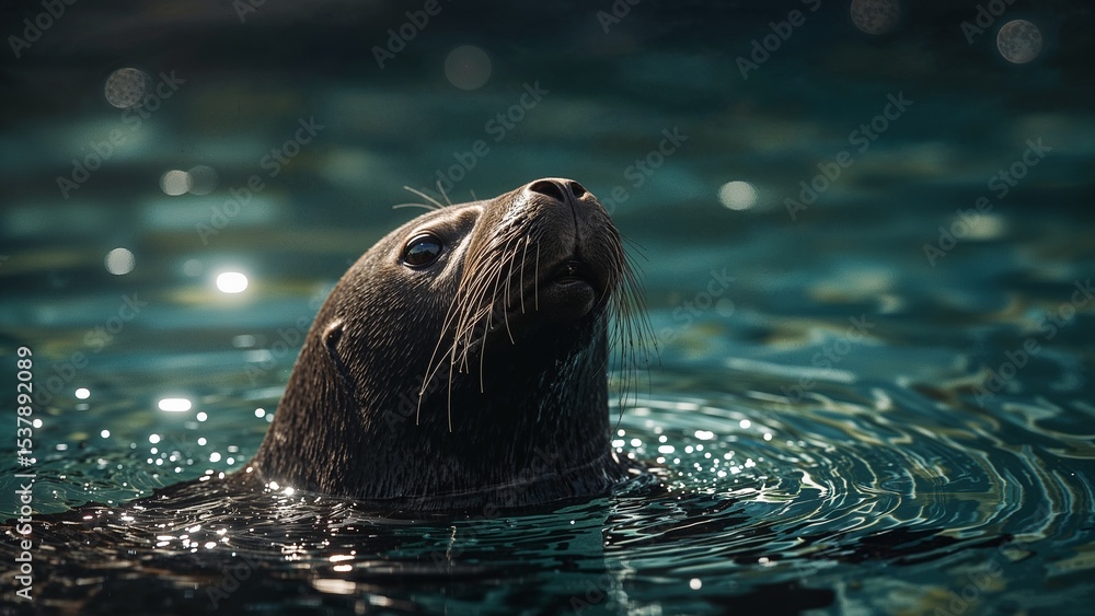 Fototapeta premium Close-up of a seal's head emerging from the water.